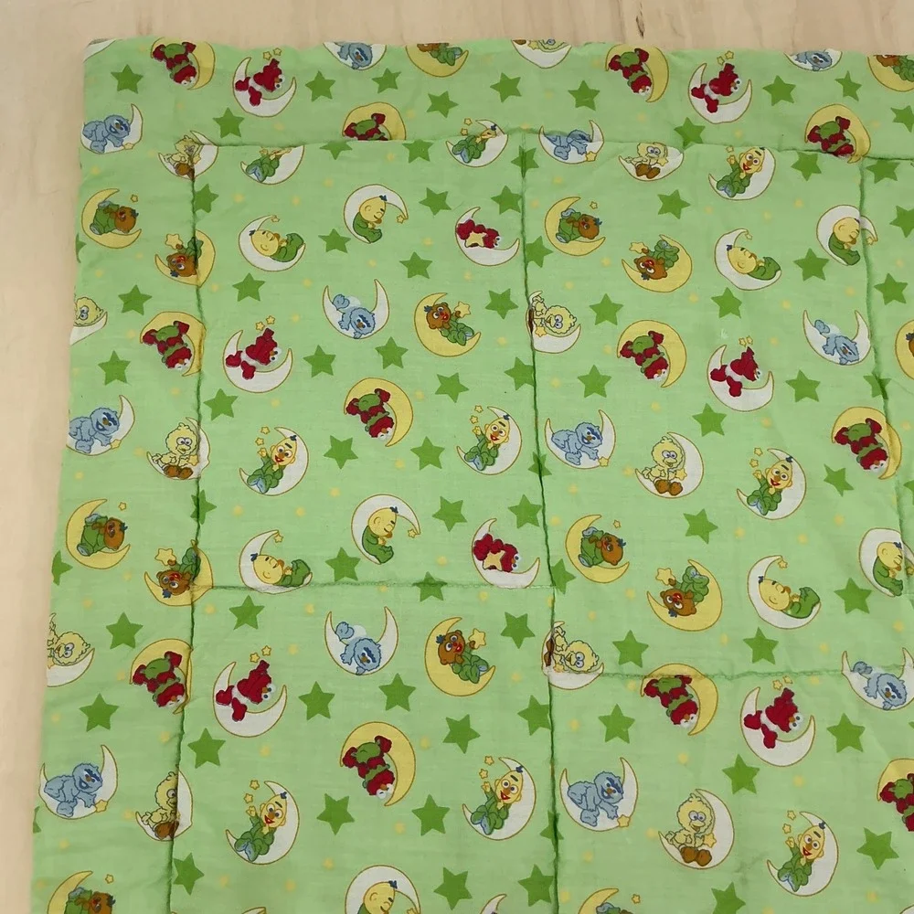 Vintage 90s Sesame Street Baby Quilt Toddler Green Yellow Elmo Big Bird 32